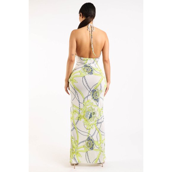 Women's Printed Halter Long Maxi Dress Strappy Sleeve Cut Out Front Sexy Cute - Picture 9 of 10